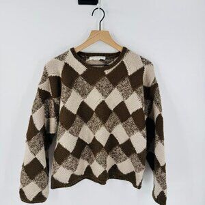 Vintage Geoffrey Beene Wool Sweater Brown Cream Checkered Knit Pullover L